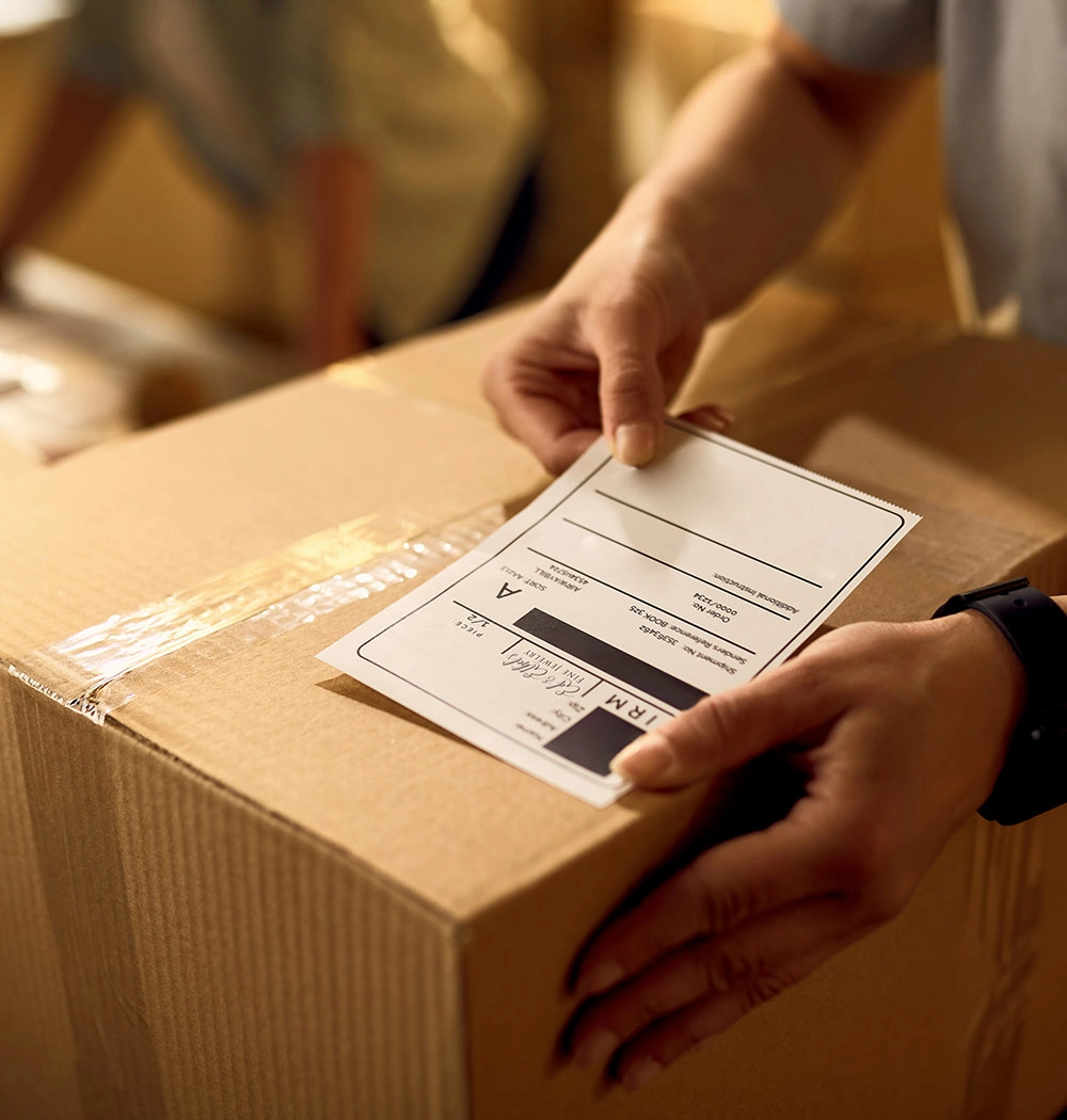 Man places sticker on shipping box